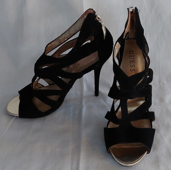GUESS Black Suede Strappy 4" Heels with Back Zip size 8 - Picture 2 of 10